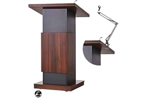 Npeeson Portable Wooden Podium Stand with Locking Wheels and Adjustable Microphone Stand, Office Conference Room Host Mobile Podium Table, Podium Desk for Teacher Auditorium Classroom