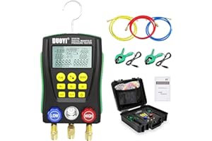 DUOYI Digital Manifold Gauge Set Air Conditioning/Refrigerator Digital HVAC Gauges Double Pressure&Temp Test Air Conditioning Tools & Equipment Manifold HVAC with Tricolor Hose, 2 Pairs of Test Clamps