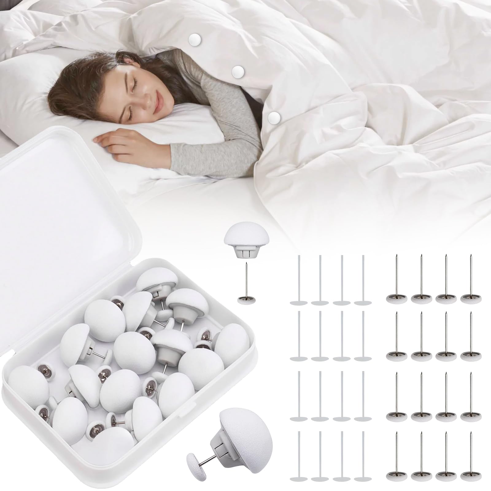 MQUPIN Quilt Fixing Clips,16 Pcs Duvet Cover Clips,Mushroom Round Fixing Clips with Buttons,Bedroom Duvet Fixing Holder Quilt Cover Pins with Box (White)