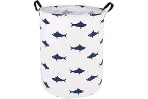 HUAYEE Round Laundry Basket Waterproof Round Cotton Linen Collapsible Storage bin with Handles for Hamper Kids Room,Toy Storage(navy shark)