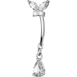 OUFER 14G Silver Belly Ring, Dangle Navel Piercing for Women | 316L Surgical Steel, 10mm Length Curved Barbell, Clear CZ Pend