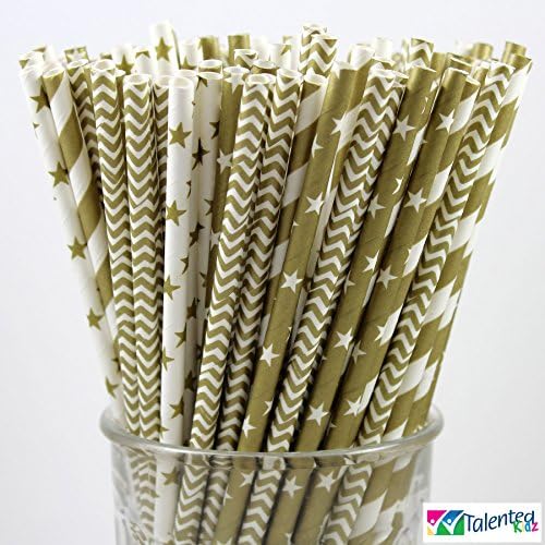 150 Gold Paper Straw Combo, 4 Designs - 100% Biodegradable - 7.75 Inches - Christmas, Holiday, Baby Shower, Wedding, Anniversary, Birthday Party Supply - 150 Straws, 4 Patterns Individually Packed