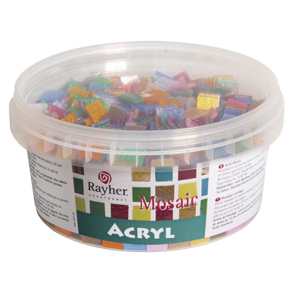 Rayher Acrylic Mosaic Tiles for Arts and Crafts, Plastic Mosaic Tiles for Crafting in the Size 1x1cm, approx. 1200 pieces, 300g Glitter Mosaic Pieces, 14791999