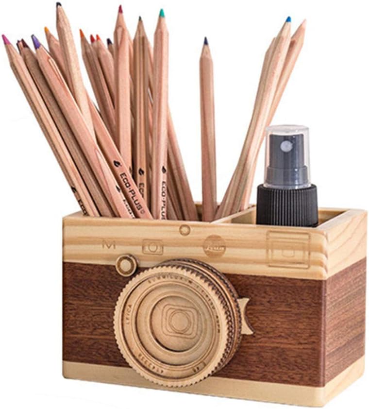BREIS Vintage Camera Pen Holder,Creative Cute Desk Wooden Pencile Organizer Accessories for Office Home Decoration