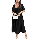 SCOMCHIC Plus Size Sweetheart Neckline Maxi Dress Formal Wedding Guest Short Puff Sleeve Cocktail Smocked A-Line Dresses