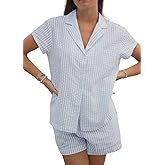 codcm Womens Striped Pajama Set Cute Heart Pjs Sleepwear Short Sleeve Shirt and Shorts Set