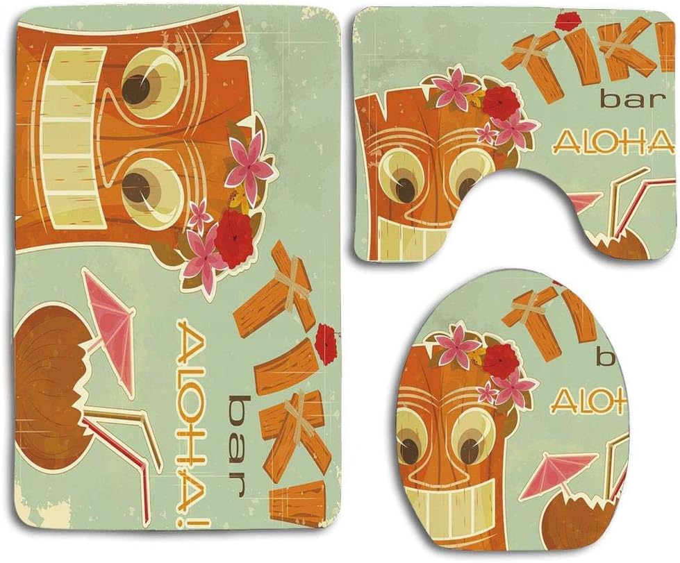 NEWcoco Non-Slip Bath mat Set 3 Piece Set Bathroom mat Set Including Bathroom mat Silhouette Carpet Cover Tiki Bar Invitation to Tiki Bar Old Fashion Display Coconut Drink Mask Flowers Print