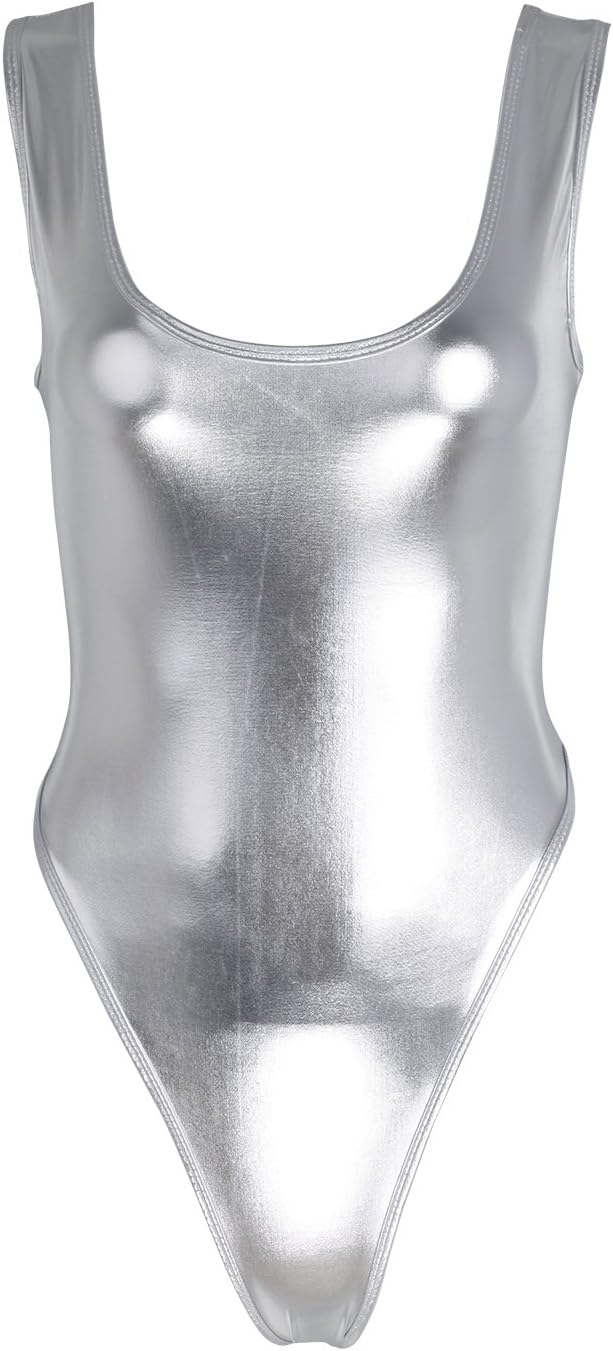 Women's Wetlook Faux Leather Sleeveless High Cut Thong Leotard Bodysuit Swimsuit