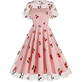 Cherry Dress Women Cherry Tulle Dress Illusion Mesh Sheer Flutter Sleeve Wedding Guest Vintage Cocktail Dress A Line Tulle Homecoming Prom Dress Knee Length Short Evening Dress Pink-Puff Sleeve S