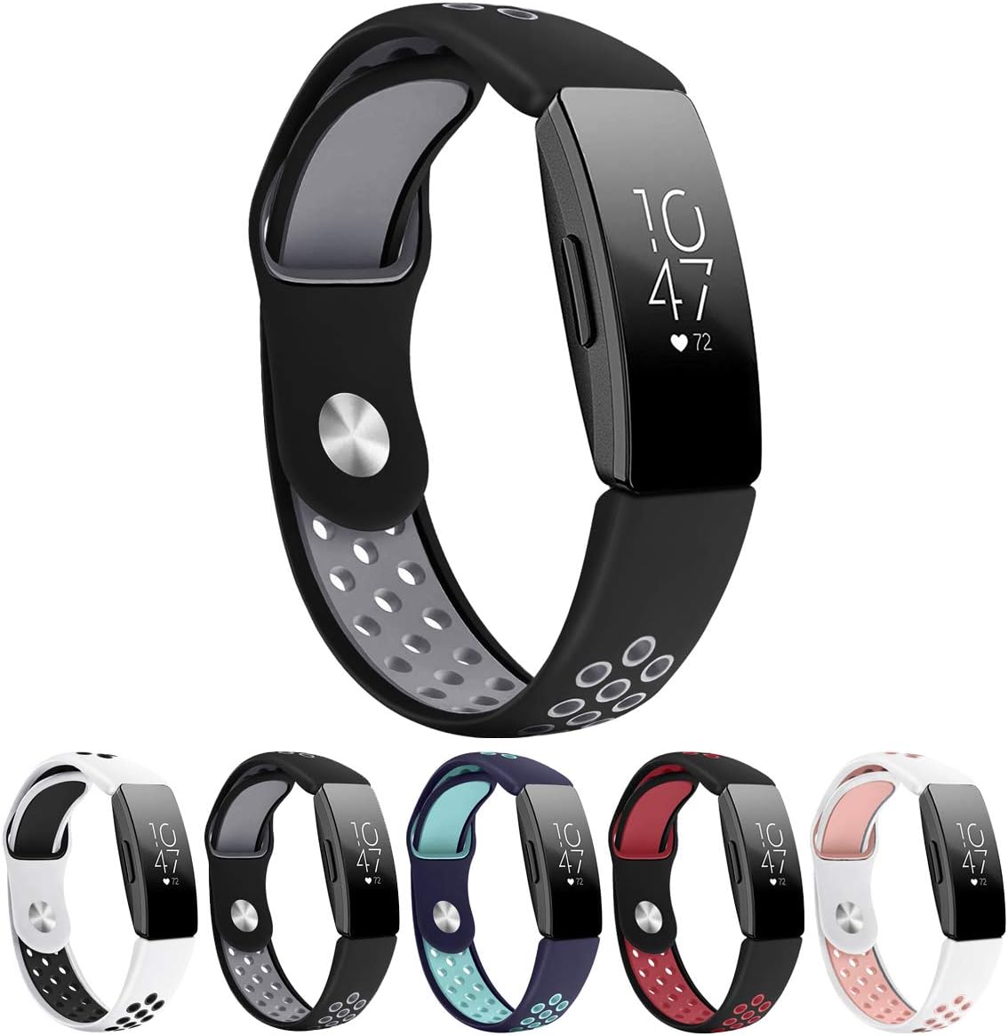 Silicone Sport Bands Compatible with Fitbit Inspire Bands & Inspire HR, Soft Breathable Replacement Wristbands Accessories Air Holes for Women Men (5.5" - 7" Black Gray)