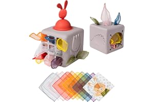 Taf Toys Baby Tissue Box with Pop-Up Bunny - Montessori Sensory Activity with 10 Fabric Tissues for Fine Motor Development - Interactive Silicone Learning for 1 Year Old Toddlers