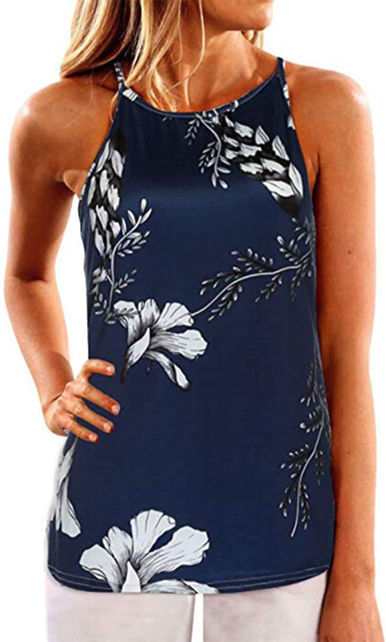 Barlver Women's Summer Tank Tops Floral Sleeveless High Neck Camis Shirts Flowy Halter Casual Tunic Blouse