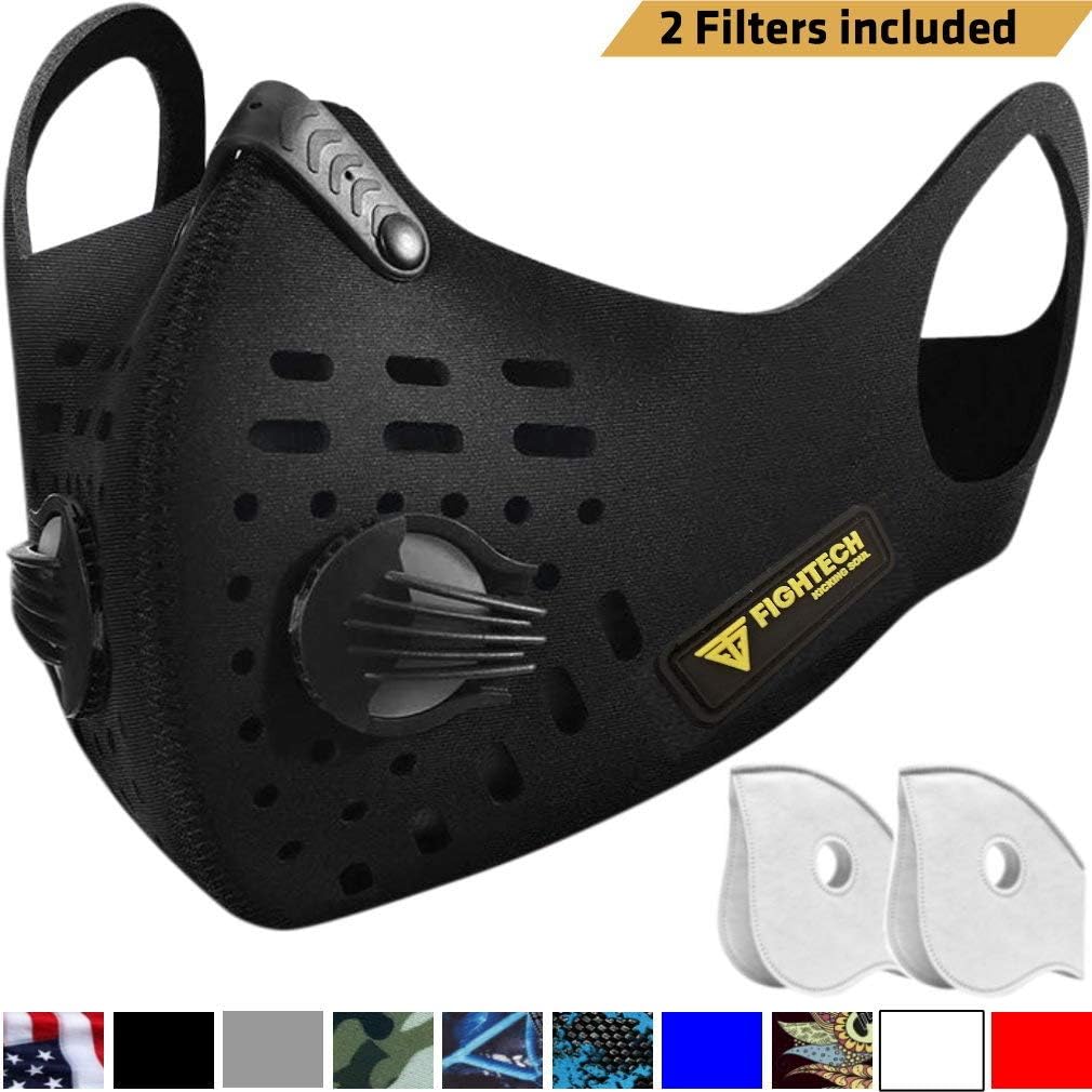 FIGHTECH Dust Mask | Mouth Mask Respirator with 2 Carbon Filters for Pollution Pollen Allergy Woodworking Mowing Running | Washable and Reusable Neoprene Half Face Mask (Large, Charcoal Black)