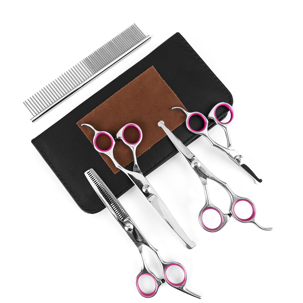 5 PCS Pet Grooming Scissors Kit,Professional Dog Cat Grooming Scissors Include Grooming Comb & Cutting&Curved&Thinning Shears with Safety Rounded Tips