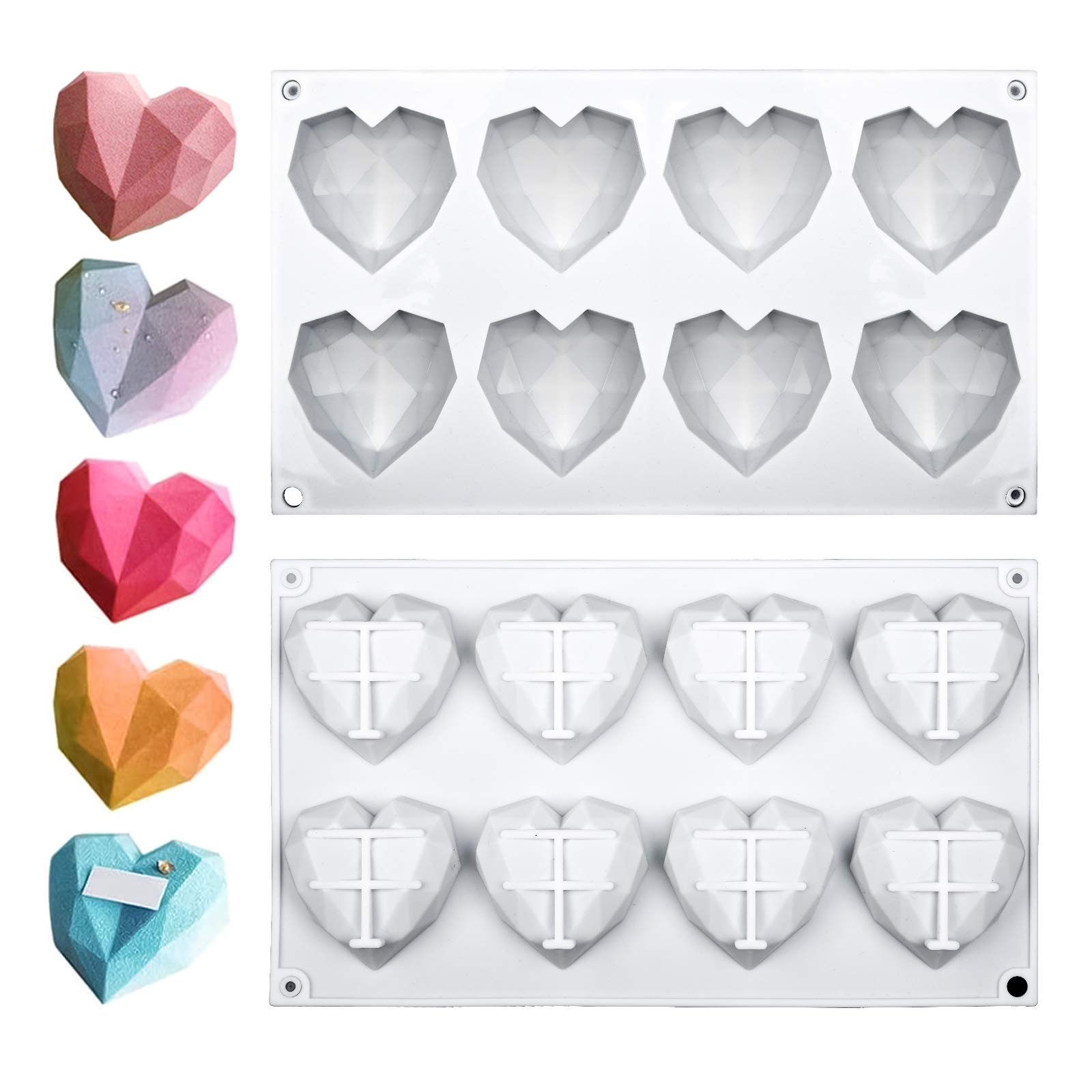 LFBEST Love Heart Silicone Mold - 8 Cavity 3D Diamond Heart Mould - Chocolate Silicone Dessert Moulds for Ice Cube Soap Cake Dessert DIY Tools