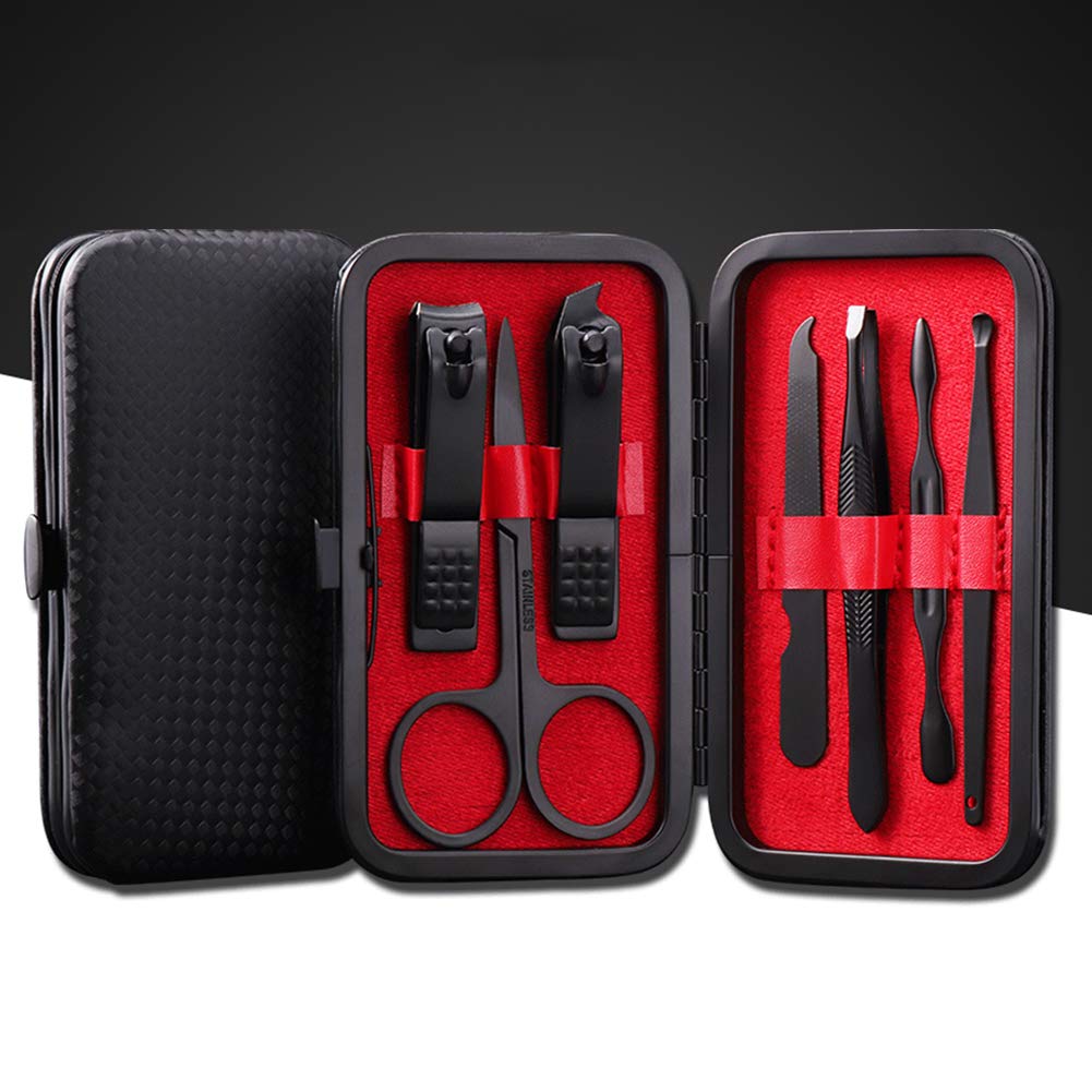Aubcee Nail Clipper Set, Manicure, Pedicure Kit, 7 in 1 Black Stainless Steel Professional Grooming Kit with Black Leather Travel Case: Home & Kitchen