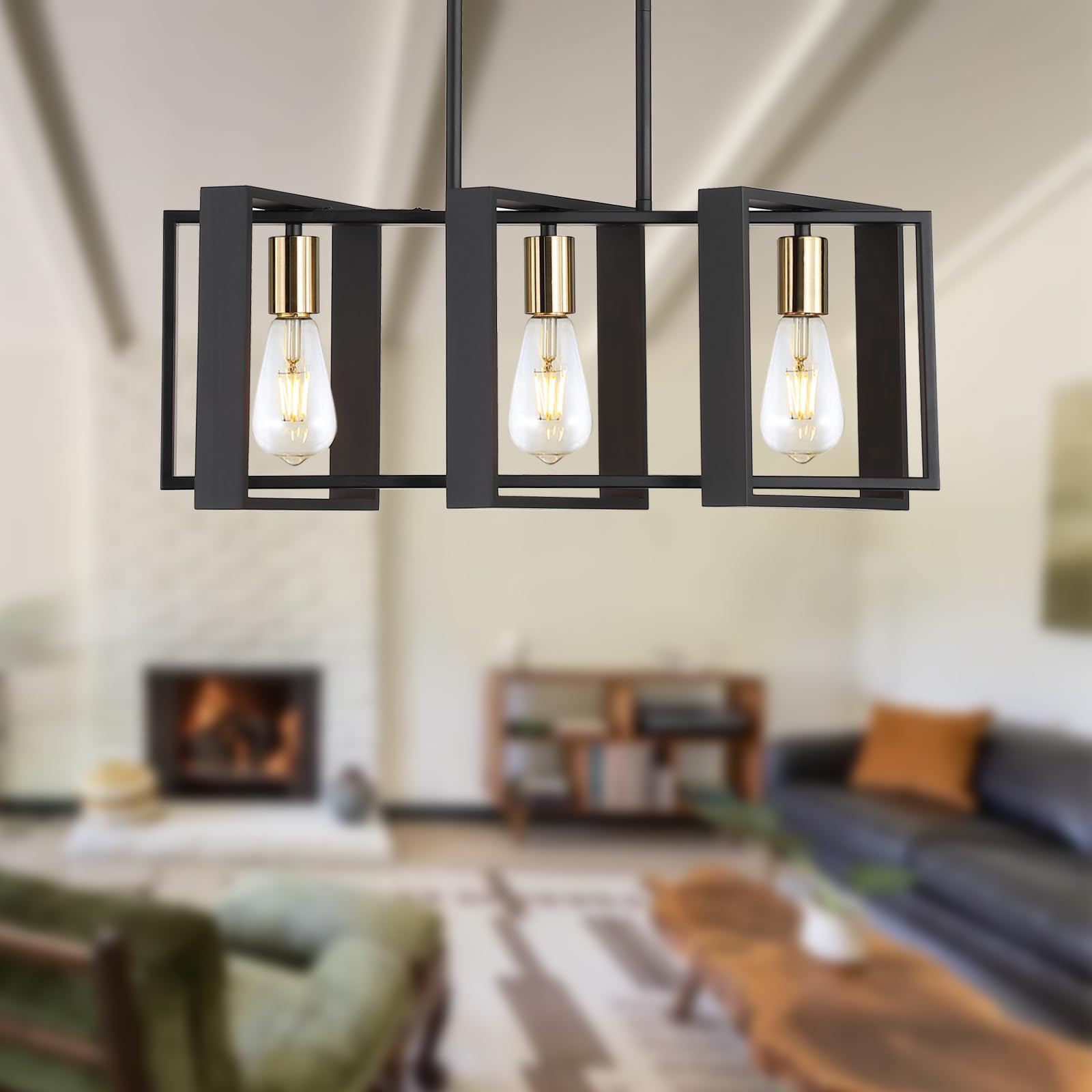 Photo 1 of 23.6" Island Lighting,3 Lights Dining Room Chandelier, Linear Kitchen Island Lighting for Pool Table Living Room, Foyer Hallway,E26, Black Wood Frame