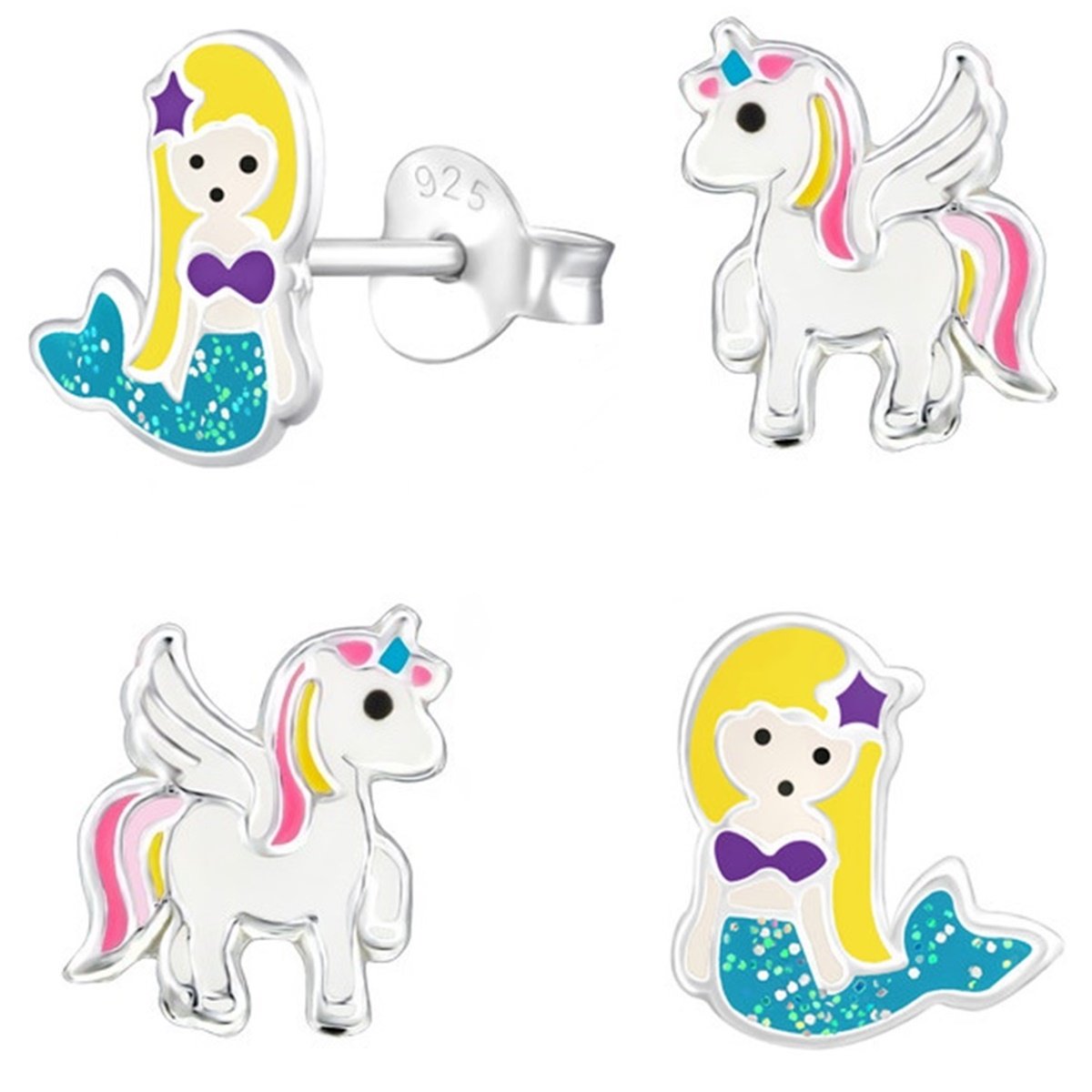 GH, 2 pair Pegasus unicorn, glitter mermaid, set, stud earrings, 925 real silver, girls earrings, blue, purple, white Pegasus Pink-weiß