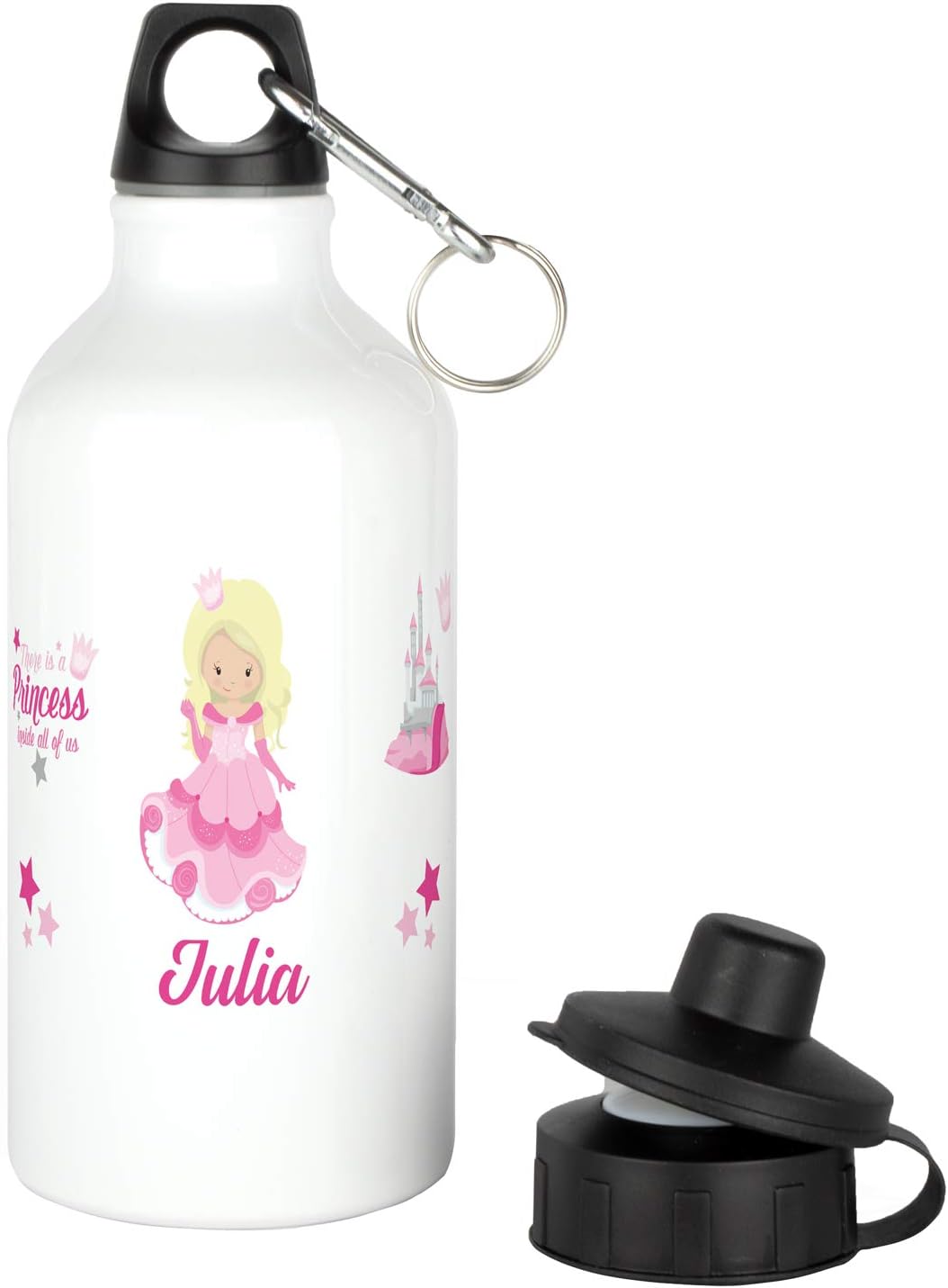 Kinder Trinkflasche mit Wunsch-Namen aus Aluminium in weiß für