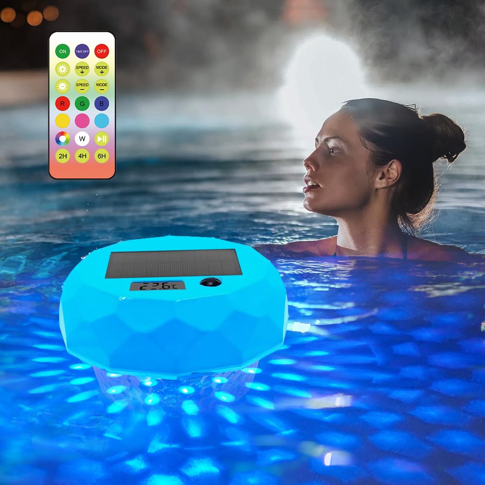 Photo 1 of Solar Pool Light, Pool Thermometer Floating Easy Read with Remote Control, Extra-Large Screen Temperature Thermometer, IP68 Waterproof LED Lighting Decor for Hot Tub Garden Party