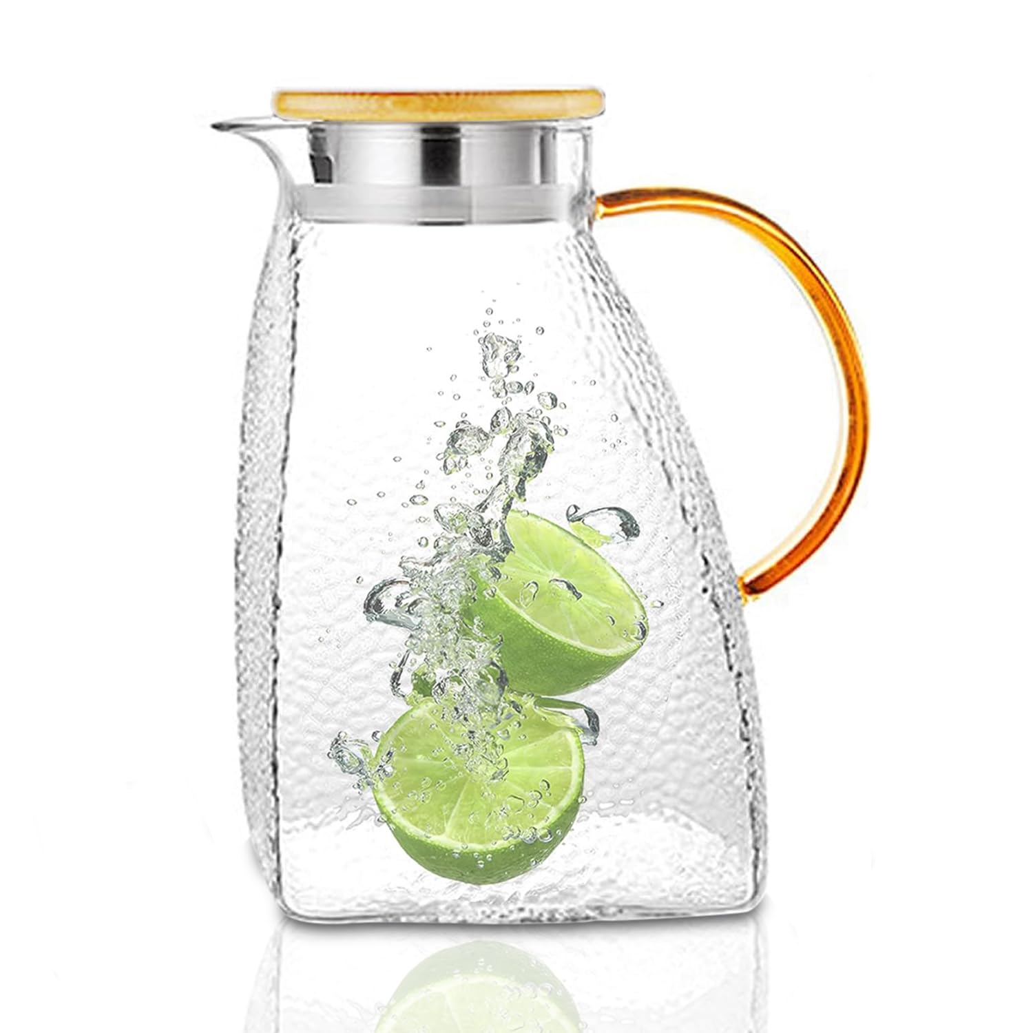 YBCPACK 1.8 Litre Glass Water Jug with Bamboo Lid, Large Heat Resistant Carafe Pitcher with Handle for Hot/Cold Drinks - Fridge Door Jug for Water, Tea, Juice, Sangria, Cocktail, Cold Brew