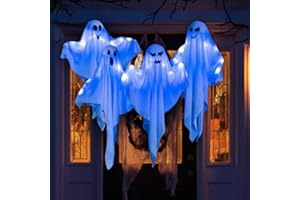 KIDDOKIDS 4 Pack Halloween Hanging Ghost Decorations, 27.5" Light Up Spooky Floating Ghosts with Blue LED, Outdoor & Indoor Haunted House, Porch, Yard, Party Decor, Patio Lawn Garden