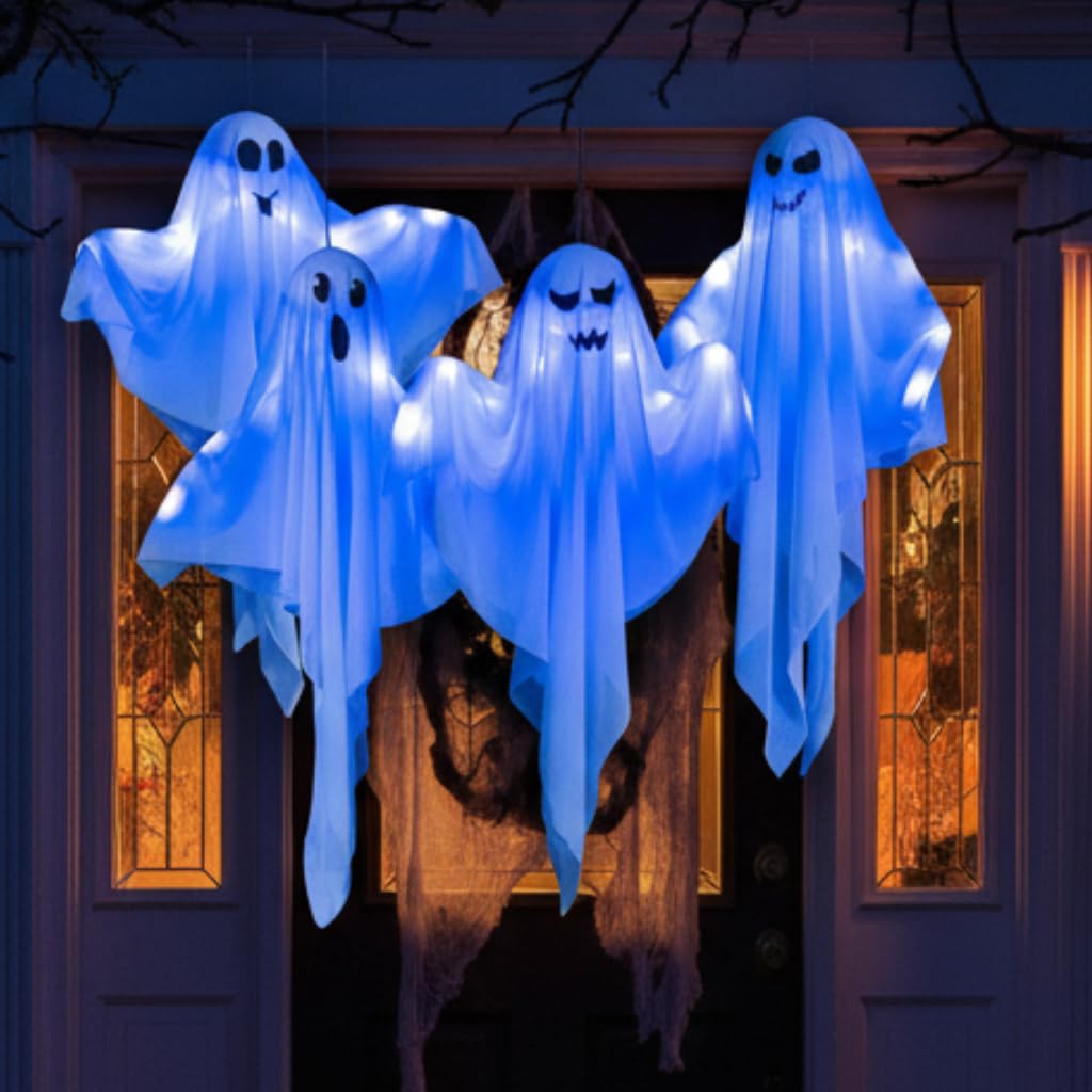 Photo 1 of 4 Pack Halloween Hanging Ghost Decorations, 27.5" Light Up Spooky Floating Ghosts with Blue LED, Outdoor & Indoor Haunted House, Porch, Yard, Party Decor, Patio Lawn Garden