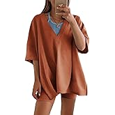Athlisan Womens 2 Piece Shorts Set for Women Oversized T Shirt Biker Shorts Workout Hot Shot Reversible Set(Rust-S)