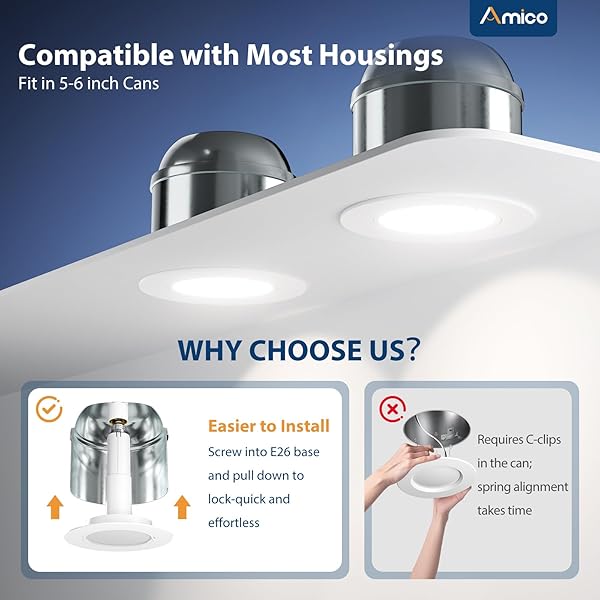AMICO 5/6 INCH 5CCT LED RECESSED LIGHTING 6 PACK, 12W=100W, 950LM ADJUSTABLE CAN LIGHTS, 2700K/3000K/4000K/5000K/6000K SELECTABLE, DIMMABLE, IC & DAMP RATED, RETROFIT INSTALLATION – ETL & FCC