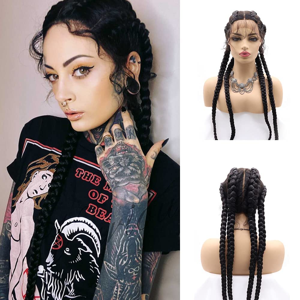 xiweiya Long Natural Black Braided Wig with Baby Hairs Cornrow Braid Lace Front Wig Double Dutch Black Braids 100% Hand Box Braid Wig 360 Swiss Lace Wig 4xTwist Braids Cosplay Wig 36inch for Women