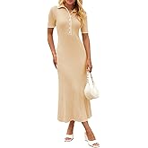 MEROKEETY Women's 2026 Spring Ribbed Maxi Dress Summer V Neck Button Short Sleeve Slim Fit Bodycon Knit Sweater Dresses