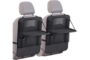2 Pack Car Backseat Organizer with Foldable Table Tray, Car Seat Back Protectors Kick Mats with 10 Storage Pockets 10" Tablet