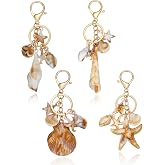 Qitequan 4 Pcs Ocean Themed Keychains for Women - Resin Seashell Starfish Boho Beach Bag Charms with Gold-Plated, Summer Vacation Purse Backpack Pendant Key Ring Gifts