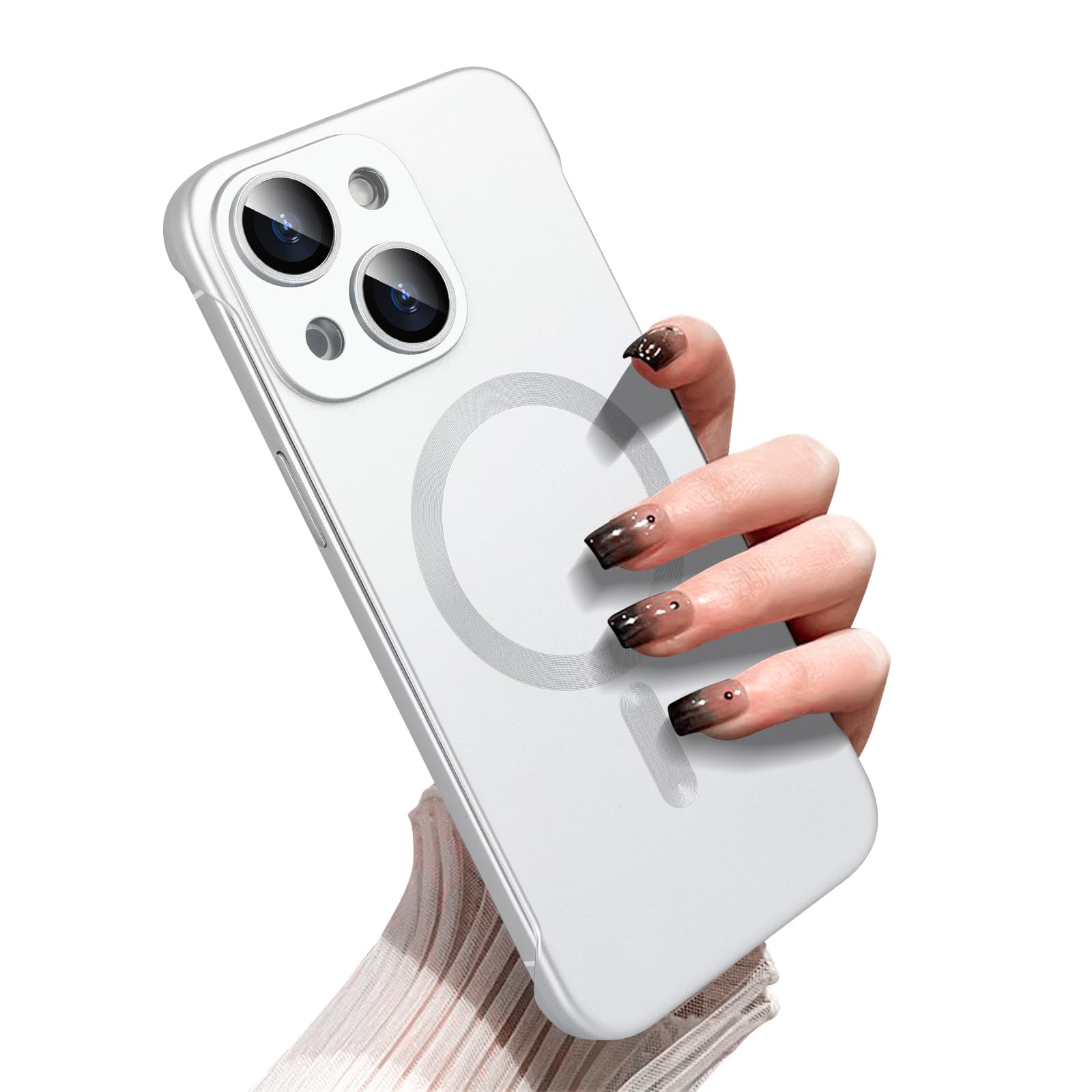Omio Magnetic Slim Case for iPhone 13 Compatible with MagSafe, Matte PC Ultra-Thin Bumper Frameless Borderless Minimalist Design with Camera Lens Protector for Men Women, Silver Titanium
