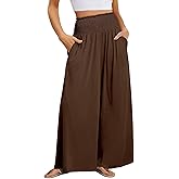 KISSMODA Women Palazzo Pants Summer Boho Bagyy Wide Leg High Smocked Waist Flowy Beach Casual Trousers with Pockets