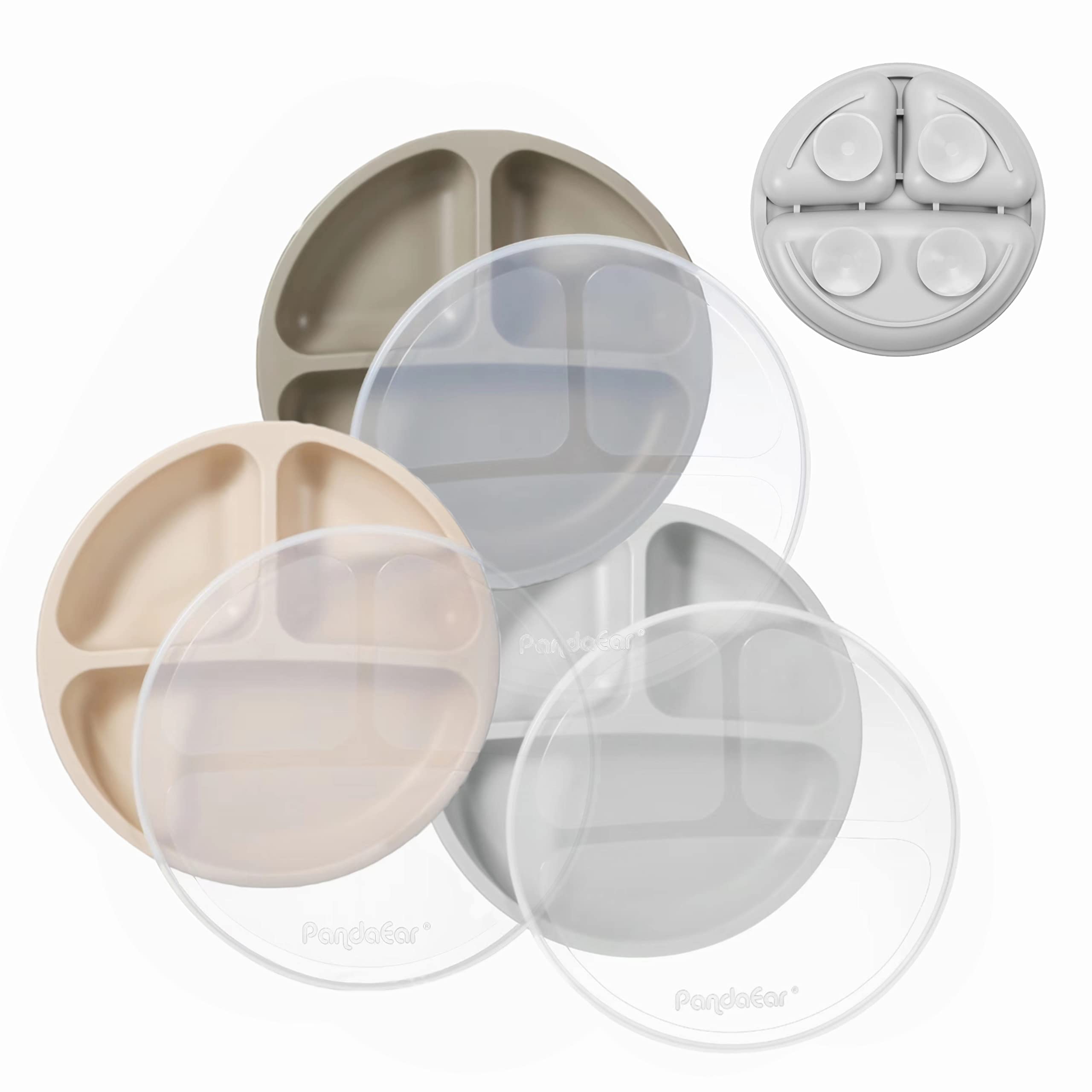 PandaEar 3 Pack Silicone Suction Plates with Lids for Baby Weaning - Divided Plates for Kids and Toddlers Childrens - Unbreakable Weaning Plates - Sectioned Baby Plate Set (Creamy Grey Brown)