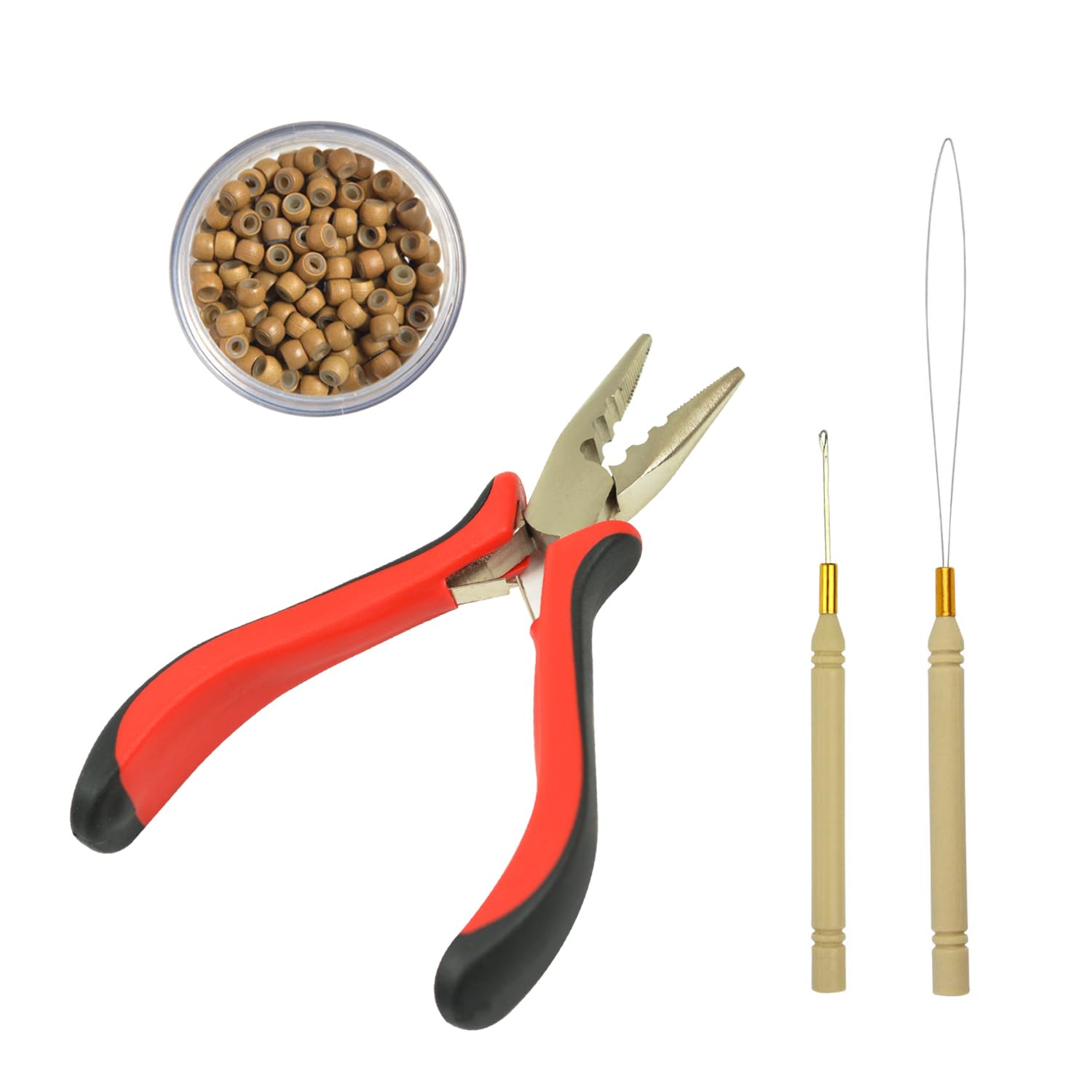 Hair Extensions Pliers Tool Kit 3-Hole Hair Pliers Pulling Hook Bead Device and 200 pcs Silicone Lined Micro Rings (3mm Dark Blonde)