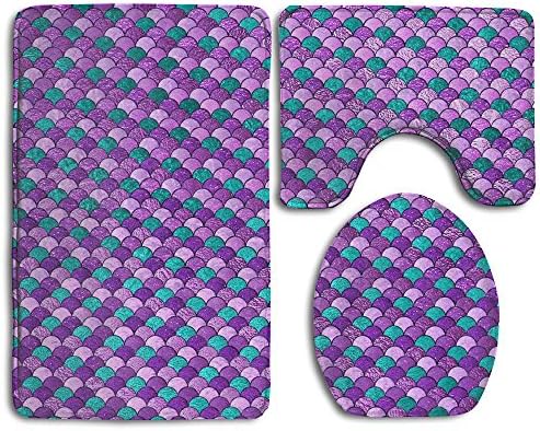 3 Piece Set Non-slip Bathroom Rug Flannel Shower Mat Machine-Washable Bath Mats With Water Absorbent Soft Memory Foam - Purple Mermaid Scale