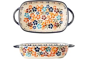Bicuzat Colorful Cherry Blossom Flowers Vintage Style Ceramic Bakeware Dish Casserole Dish Baking Pan Lasagna Pans with Handles for Oven/Cooking/Kitchen, 1 PCS, 22 oz