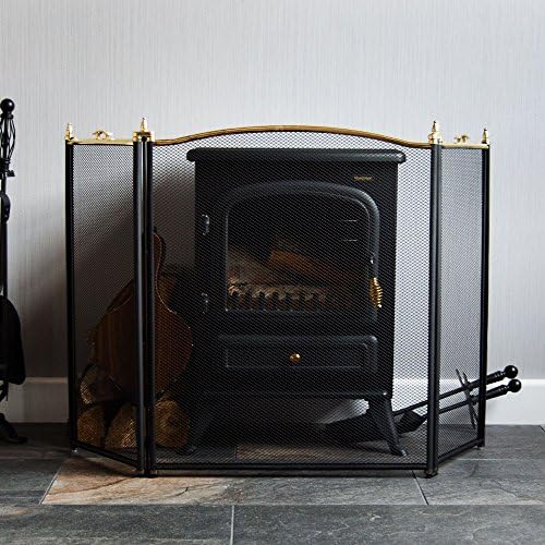 Fire Vida Burley 3 Panel Fire Screen Spark Guard, Brass & Black