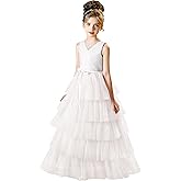 Layered Tulle Flower Girl Dress for Wedding Girls Pageant Dresses with Beads Long First Communion Dress with Belt