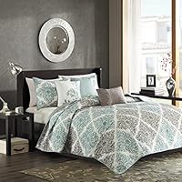 Madison Park Claire Leaf Geometric - 6 Piece Ultra Soft Microfiber Bed Quilted Coverlet, King/Cal King, Aqua