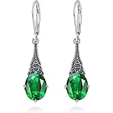 QMTIHU Vintage Earrings for Women Sterling Silver Retro Drop Dangle Leverback Earrings Emerald Birthstone Gift for Women Her