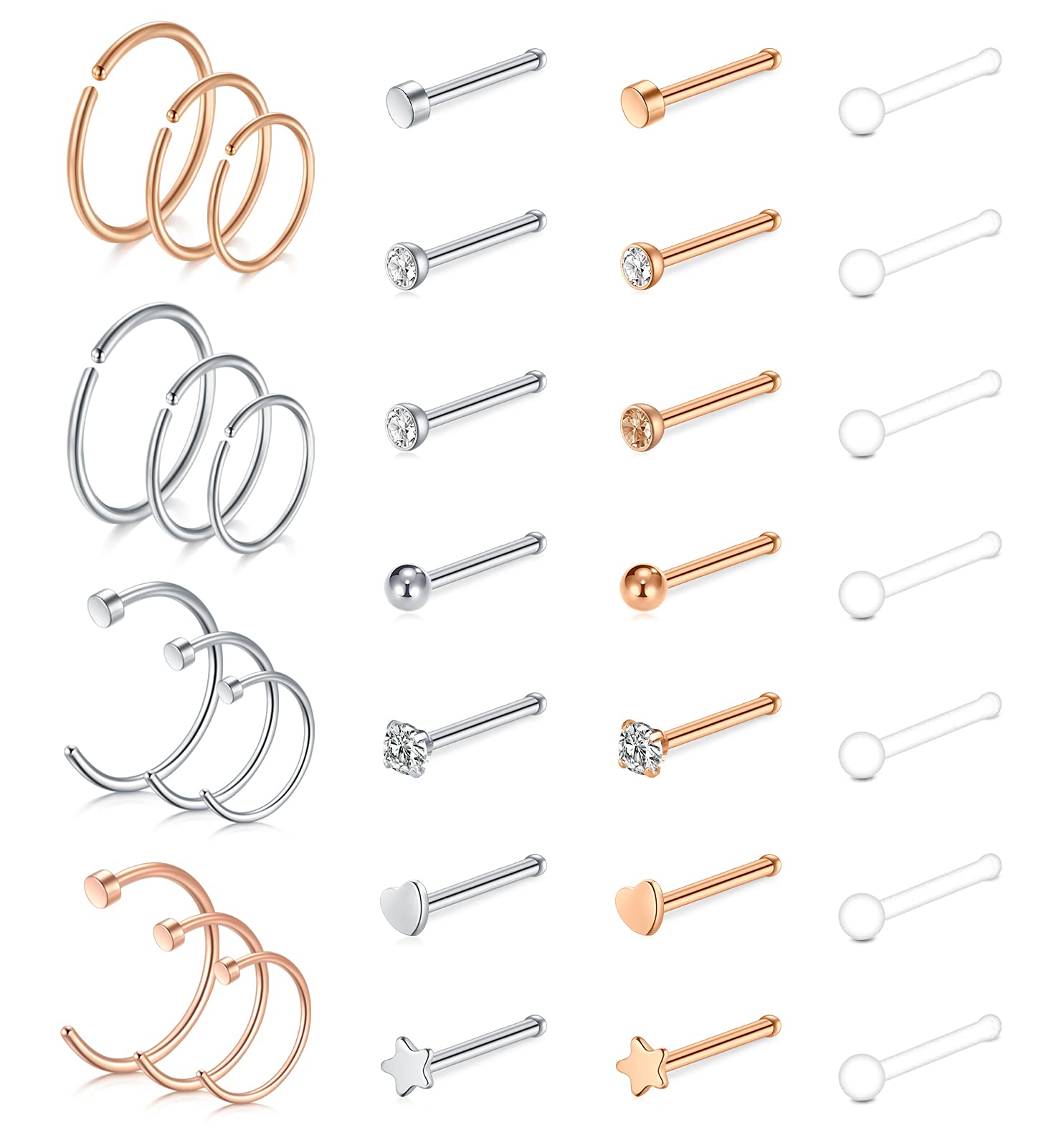 incaton 33Pcs Nose Stud 20G Nose Hoop Rings Nose Piercings Nose Screw L Shaped Nose Studs Set Surgical Steel CZ Nose Piering Jewellery