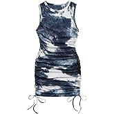 GORGLITTER Summer Dresses for Women 2025 Ruched Bodycon Dress Tie Dye Mini Dress Ribbed Knit Sleeveless Short Dresses