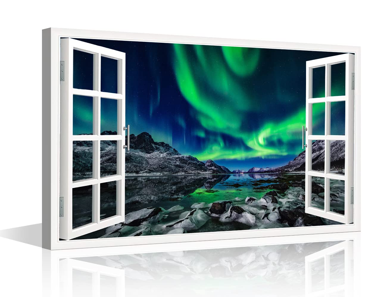 TISHIRON 3D Window View Wall Art Aurora Scenery Painting on Canvas Fake Window Wall Decorations for Living Room Stretched and Framed Bedroom Wall Decor Ready to Hang for Office Home Decor 16x24inch — image 1