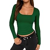 TiulZial Square Neck Shirt for Women - Long Sleeve Going Out Tops Double Lined Tight Crop T Shirt Slim Fit