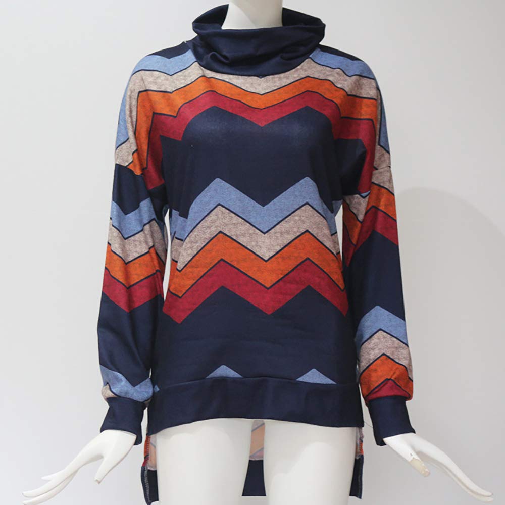 Pevor Womens Casual Henley Shirts Turtleneck Long Sleeve Geometric Print Pullover Sweatshirts Loose Fit Plain Tunic Tops Blouse Navy XXL