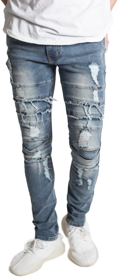KDNK Men's Skinny Fit Stretch Denim Distressed Faded Ripped Moto Biker Jeans