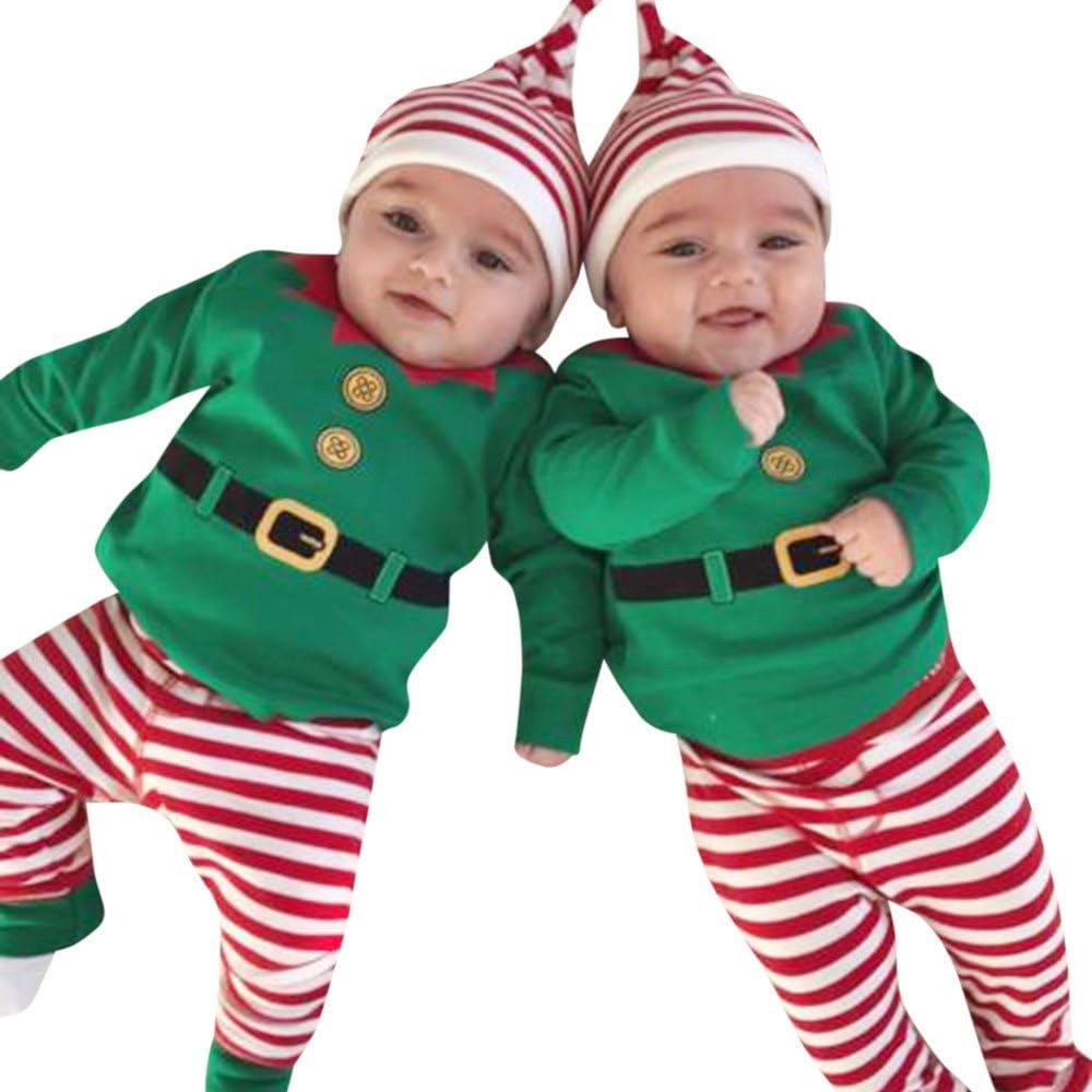 LRWEY 3 PCS Christmas Xmas Baby Boys Girls Unisex Rompers, Newborn Infant Baby Clothes Set Long Sleeve Cartoon Rompers Jumpsuits for Kids Toddlers Pullover Blouse Pajamas Outfits Gifts